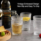 ZMOWIPDL Vintage Glassware Drinking Glasses Set of 6,13 oz Clear Textured Flower Design Glass Water Tumblers，Embossed Striped Drinkware for Water,Cocktails,Juice,Iced Coffee