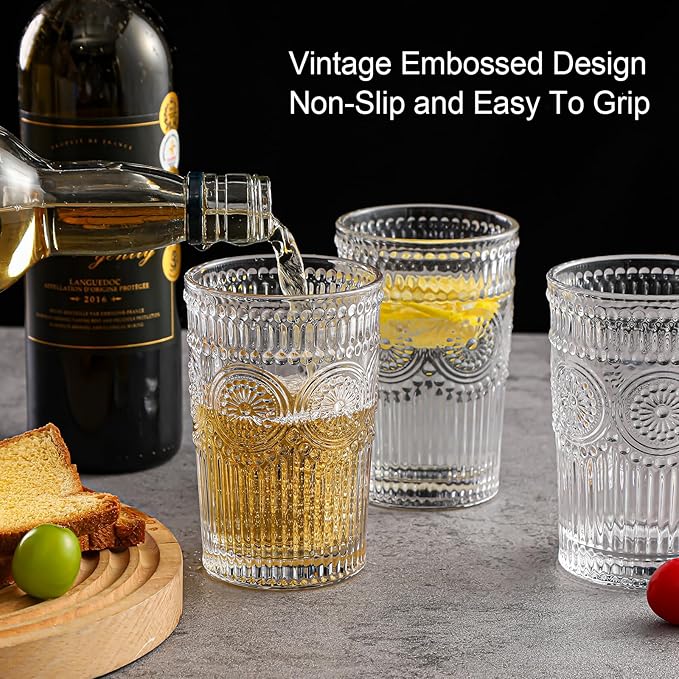 ZMOWIPDL Vintage Glassware Drinking Glasses Set of 6,13 oz Clear Textured Flower Design Glass Water Tumblers，Embossed Striped Drinkware for Water,Cocktails,Juice,Iced Coffee
