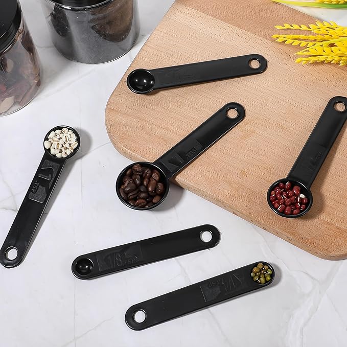 5Pcs Black Measuring Spoons Universal Easy to Read Measuring Cup and Spoon Set with Soft Grip Handle Plastic Cups and Spoons for Baking&Kitchen Hang Hole and Nesting for Easy Storage