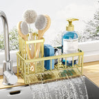 Kitsure Sponge Holder for Kitchen Sink - Rustproof Stainless Steel Sink Caddy Organization and Storage Essentials with High Brush Holder, Home Decor Accessories, 7.9" x 3.7" x 6.2", Gold