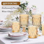 Qinyoung 24 Plastic Vintage Drinking Glasses 8.5oz Stemless Retro Embossed Wine Glasses Shatterproof Reusable Cups for Baby Shower Wedding Reception Grand Event Party (Yellow)