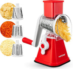 Nutrichef 3 in 1 Cheese Grater & Shredder | Strong Suction Base, Rotary Handle with Safety Lock | Includes Hand Crank & 3 Drum Blades for 3 Textures, Fine, Medium & Strips | Red