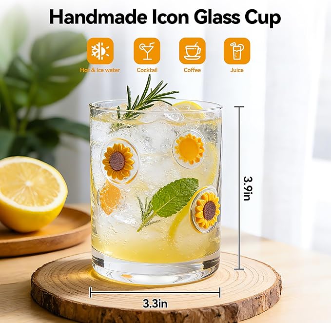 2 Pcs Handmade Sunflower Icon Juice Glass Cup, Durable Heat-Resistant Glass, 14 oz Old Fashioned Drinking Glass Cup for Holiday Party