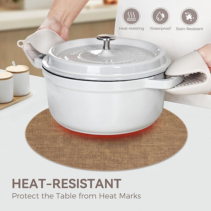 13" Round Placemats Set of 6, Reversible Faux Leather Heat Resistant Table Mats, Waterproof Oilproof Wipeable Table Protective Placemats for Vinyl, Washable for Indoor & Outdoor Use (6, Light Brown)