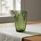 Vintage Green Drinking Glass, 12 oz Hand-Pressed Deep Textured Glass Cup, Fern Embossed Retro Glassware, Decorative Tumbler for Water, Cocktails & Juice, Boho Colored Kitchen Drinkware, Unique Gift