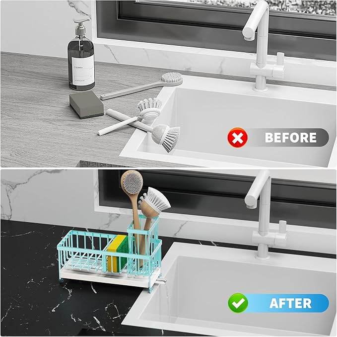 Cisily Sponge Holder for Kitchen Sink, Sink Caddy Organizer with High Brush Holder, Kitchen Countertop Organizers and Storage Essentials, 304 Stainless Steel, Teal Kitchen Decor (Turquoise, 9.25″)
