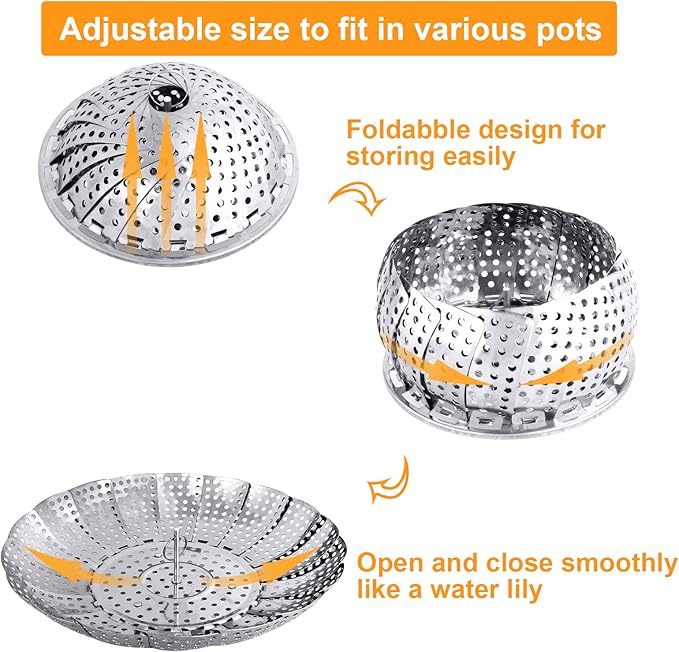 Veggie Vegetable Steamer Basket, Folding Steaming Basket, Metal Collapsible Stainless Steel Steamer Basket Insert, for Cooking Food, Expandable Fit Various Size Pot(5.3" to 8.6") YLYL