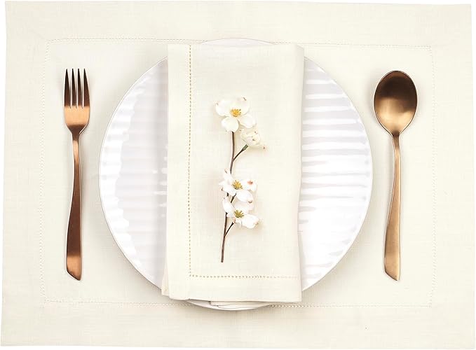 D'Moksha Homes Linen Placemats Set of 4 - Classic Hemstitch Ivory Placemats 14 x 19 Inch - 100% Pure Linen Table Mats for Valentines, Holiday, New Year - Handcrafted and Machine Washable