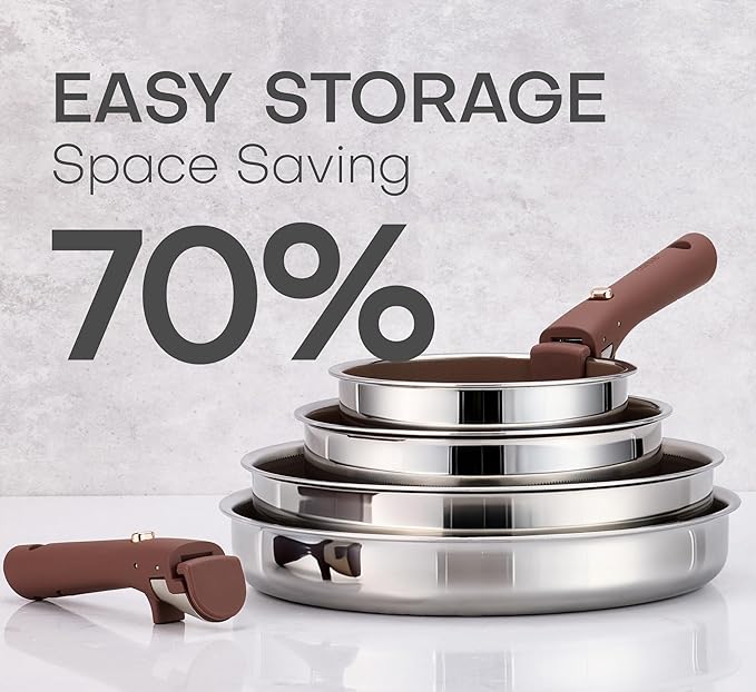 CAROTE 22PCS Stainless Steel Cookware Set with Detachable Handle, Ceramic Hybrid Nonstick Pots and Pans Set, Titanium Cookware, Stackable Kitchen Cookware Set, Induction Safe, Oven Safe, Brown