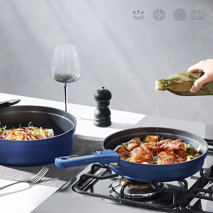 CAROTE 22pcs Pots and Pans Set Non Stick, Nonstick Cookware Set, Dishwasher/Oven/Fridge Safe Pots and Pans, Removable Handle RV Oven Safe Cookware, Induction Kitchen Set, Blue