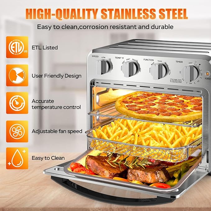 Geek Chef 16QT Air Fryer Toaster Oven, Convection Air Fryer Toaster Countertop Oven, with Bake, Toast, Broil and Warm Functions, Stainless Steel Electric Hot Oven Combo for Healthy Meals