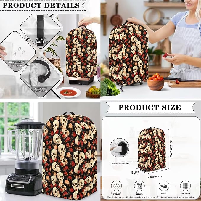 Rose Skulls Kitchen Appliance Covers 3 Pcs Set Gothic Toaster Covers 2 Slice Wide Slot & Blender Cover with Top Handle & Slow Cooker Dust Cover Halloween Decor