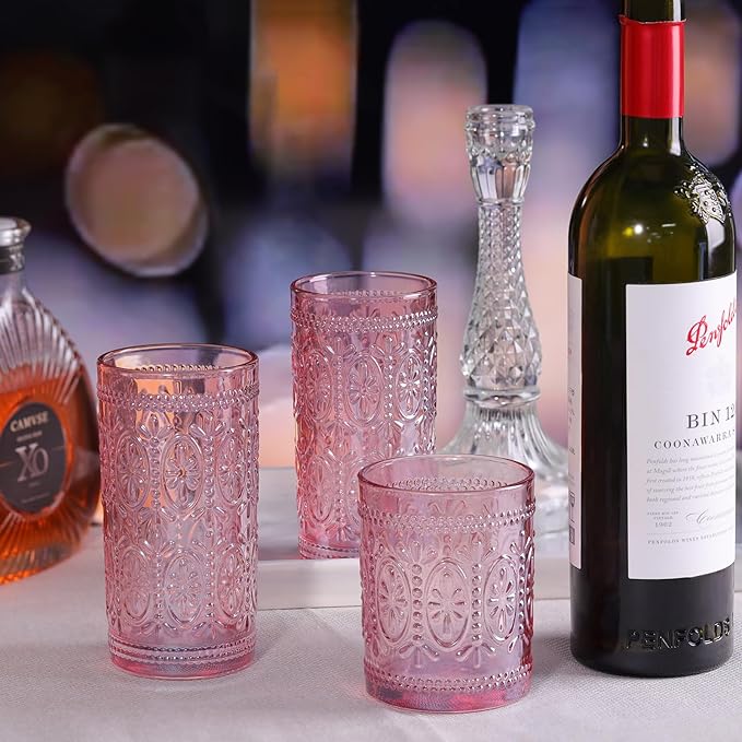 Darlion Pink Glassware Set of 4, Vintage Drinking Glasses, Colored Glassware Drinking, Highball Embossed Beverage Glasses Cup for Party Wedding Home Office and Gift (2pcs12oz+2pcs10oz