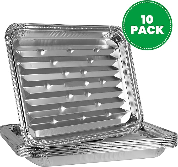 PLASTICPRO 10 Pack Disposable Aluminum Grill Liners Toppers Aluminum Foil Broiler Pans Durable Ribbed Grill Drip Pans 9x13