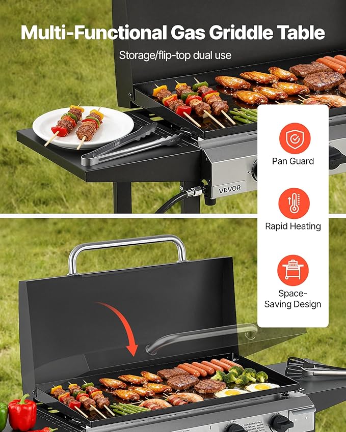 VEVOR Gas Griddle, 4-Burner Flat Top Grill, 29 inch Grill Plate Propane Griddle with Wheels, Lid, 28000 BTU Outdoor Flat Top Grills for Pan-Frying, Grilling, Stir-Frying, & BBQ, Pulse Ignition