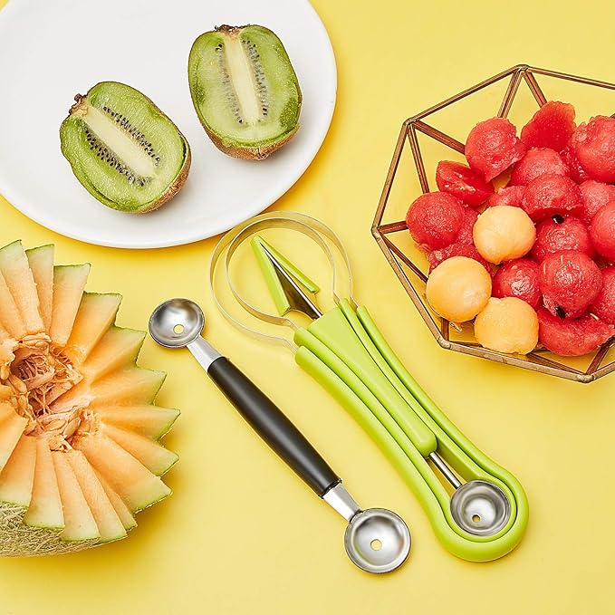 Patelai 2 Pieces Melon Baller Scoop Set, 4 in 1 Fruit Cutters Stainless Steel Watermelon Scooper and Ice Cream Baller for Dig Pulp Separator Fruit Slicer
