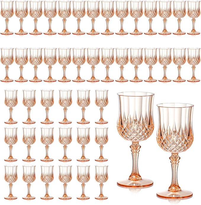 XUWAIDSGN 7oz Plastic Vintage Wine Glasses Drinking Glasses Unbreakable Wedding Glassware Crystal Water Goblets Reusable Drinkware Vintage Champagne Flutes (48, Pink)