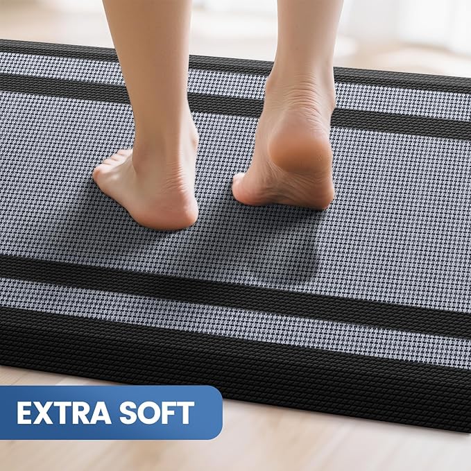 KitchenClouds [2 PCS] Kitchen Rugs Cushioned Anti-Fatigue Kitchen Mats for Floor Waterproof Kitchen Rug Set Non-Slip Comfort Standing Mat for Office, Sink, Laundry 20"×30"+20"×60",Black