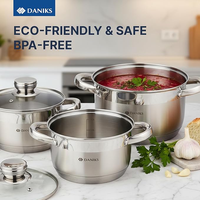 Daniks Standard 9-Piece Stainless Steel Induction Cookware Set, Saucepan, Dishwasher Safe Pots, Measuring Scale, Glass Lids, For Soup, Pasta, Stew, Silver