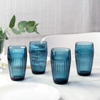 Blue Drinking Glasses Set of 4, 14 oz Ribbed Textured Glass Tumblers, Tall Retro Colored Drinkware for Water & Cocktails, Decorative Highball Glasses for Home & Bar, Modern Vintage Glassware Gift Set