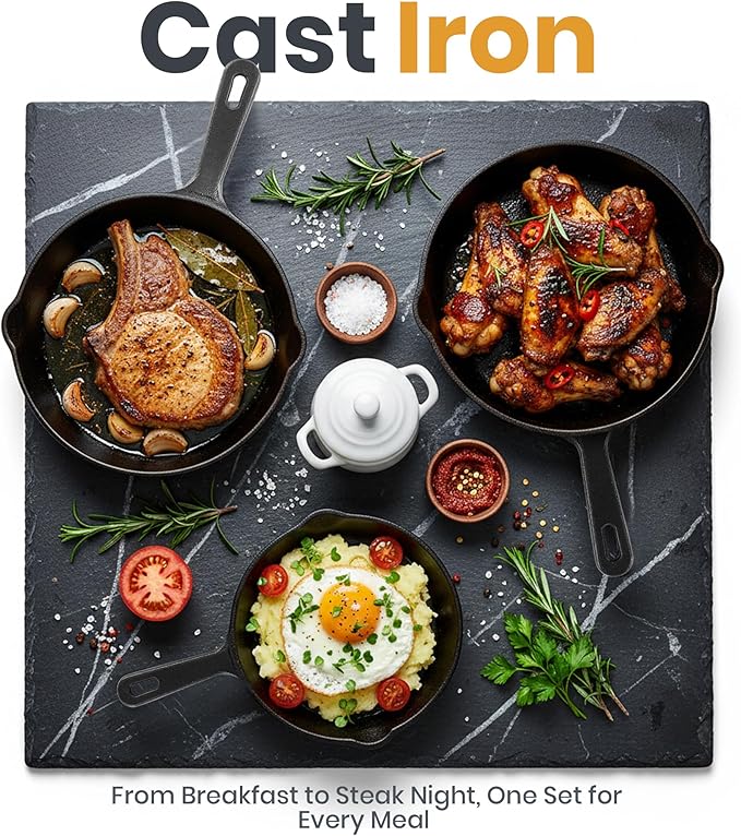 Utopia Kitchen Cast iron Skillets 3 Piece Set, Chefs Pan, Pre Seasoned Cast iron Skillets, 6, 8 & 10 Inches, Easy Use in the Oven, Stove, Grill, or Campfire, Black