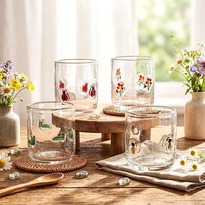 Vesici 4 Pcs Juice Glasses 14 oz Glass Cups Stemless Wine Glasses Hand Blown Drinking Cocktail Cups for Easter Christian Gifts Party Supplies(Ladybug)
