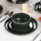 E-far Stoneware Dinnerware Sets for 8, 24 Pieces Reactive Glaze Plates and Bowls Sets, Elegant Dishes with Rustic Terracotta Clay Base, Dishwasher & Microwave Safe, Scratch Resistant, Blackish Green