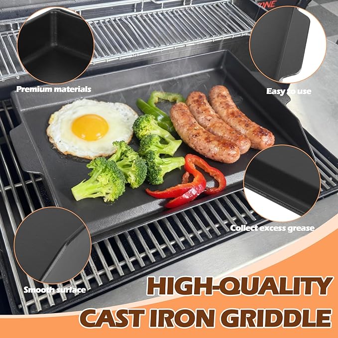 Universal Cast Iron Griddle for Charcoal & Gas Grills and Stove Top, 23" x 16" Stove Top Griddle with Pre-Seasoned Nonstick Coating, Thickened Extra High Sidewalls Grill Plate for Camping and Parties
