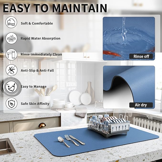 HotLive Dish Drying Mat for Kitchen Counter, Heat Resistant Drainer Mats with Non-slip Rubber Backed, Hide Stain Kitchen Super Absorbent Draining Mat, Easy to Clean Dish Rack Pad, Blue 16"x18"