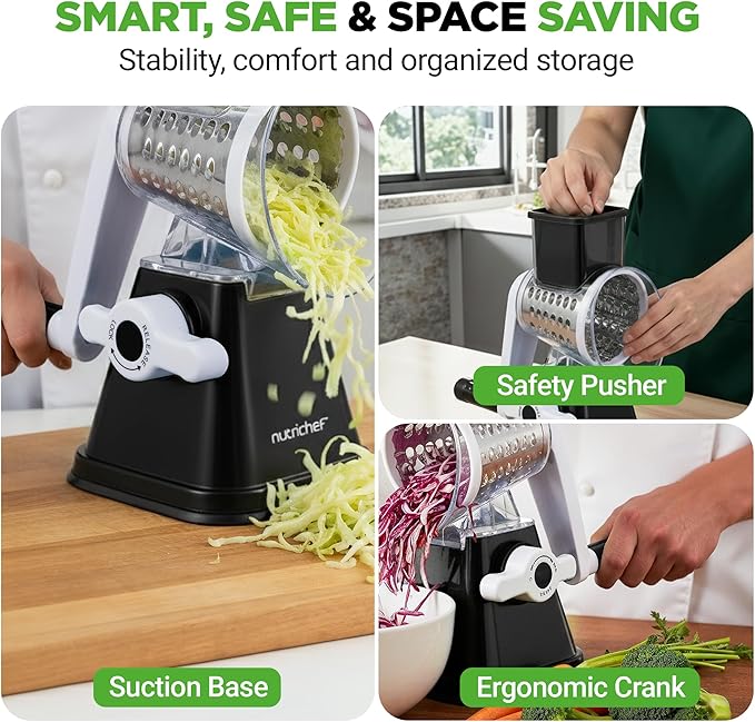 Nutrichef 3 in 1 Cheese Grater & Shredder | Strong Suction Base, Rotary Handle with Safety Lock | Includes Hand Crank & 3 Drum Blades for 3 Textures, Fine, Medium & Strips | Black