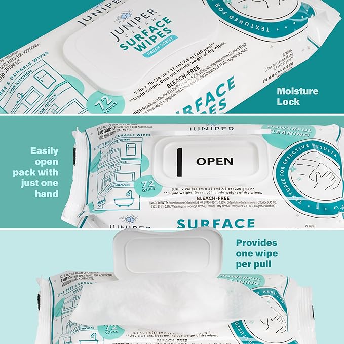 24 Pack Surface Cleaning Wipes Bleach Free, All-Purpose Cleaner for Bathroom, Kitchen, Office, 1728 Count Soft Flow, Fresh Scent, Bleach Free, Lint Free, Durable