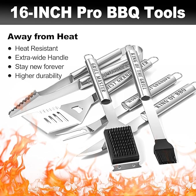 Grandpa Gifts from Grandkids, Grandpa Chritmas Grilling Accessories Gift, Heavy Duty Stainless Steel Grill Set BBQ Grill Tools for Outdoor Grill with Aluminum Case, Grill Utensils Set on Birthday(Bag)
