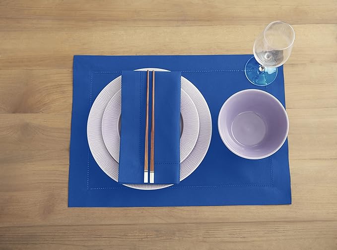 Solino Home Blue Placemats Set of 4 - Cotton Linen Hemstitch Placemats 14 x 19 Inch for Holiday, New Year