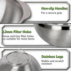 304 Stainless Steel Colander, 5 QT Large Capacity and 5QT Mixing Bowl, 2mm Micropore Strainer for Washing Rice, Fruit, and Veggies, Perfect Draining for Cooked Pasta