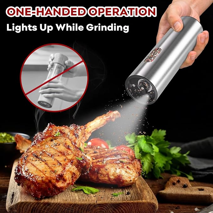Electric Salt and Pepper Grinder Set: Automatic Rechargeable Salt and Pepper Shakers with USB Charging Base, Adjustable Coarseness, 110ml Large Capacity, Stainless Steel Pepper Grinder for Kitchen
