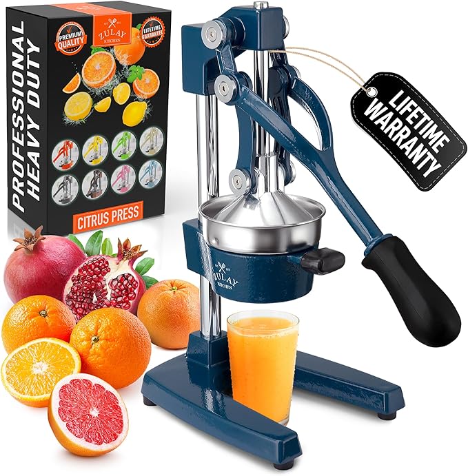 Zulay Kitchen Cast Iron Juicer - Easy-to-Clean Heavy-Duty Manual Juicer, Professional Citrus Juicer - Stainless Steel Lemon Squeezer - Manual Citrus Press & Orange Squeezer - Orange Juicer – Navy