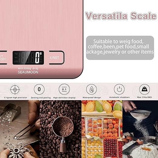 Food Scale Kitchen-Scale 11lb/5kg Food Scale for Kitchen Stainless Steel LCD Display Tare Function (g/oz/ml) for Meal Prep Coffee (Batteries Included) Pink