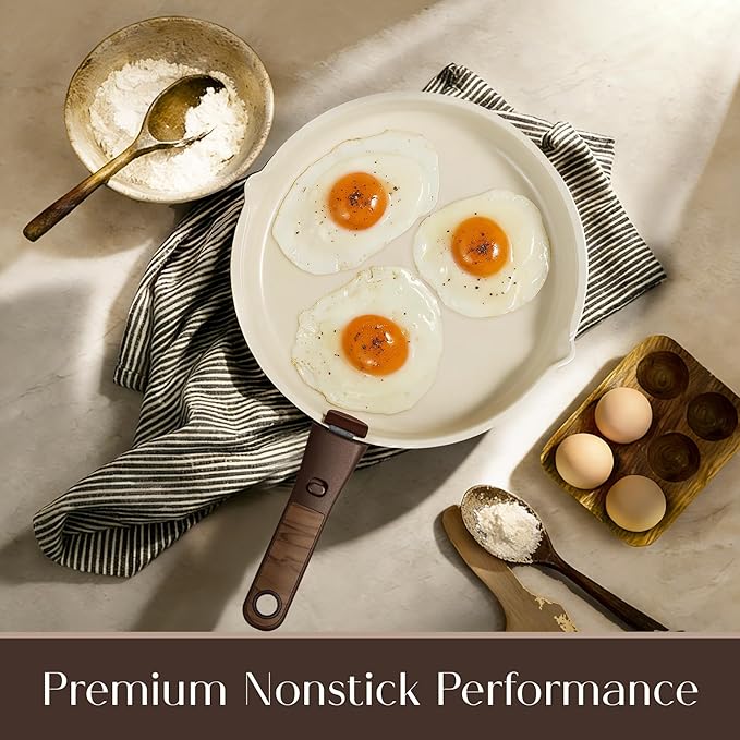 CAROTE 22Pcs Titanium Cookware Set, Pots and Pans Set Non Stick, Kitchen Cooking Set with Detachable Handle, Non Toxic Induction Cookware, Dishwasher/Oven Safe, Browm