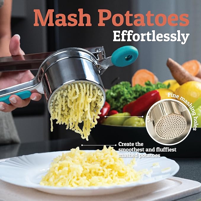 PriorityChef Large 15oz Potato Ricer, Heavy Duty Stainless Steel Potato Masher and Ricer Kitchen Tool, Press and Mash Kitchen Gadget For Perfect Mashed Potatoes - Everytime, Silver and Turquoise