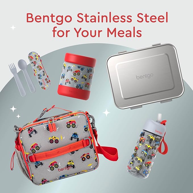 Bentgo Kids Stainless Steel Food Jar - 11oz Leak-Proof Double Insulated Hot or Cold Food Container with Removable Silicone Bumper, Dishwasher Safe, Easy Open Lid, Ages 3+ (Trucks)