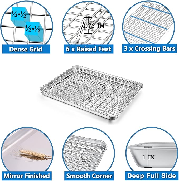 P&P CHEF 16 x 12 x 1 Inch Toaster Oven Pan with Grid Rack and Silicone Mat, Stainless Steel Toaster Oven Tray Baking Pan with Cooling Roasting Rack, Dishwasher Safe (3Pcs)