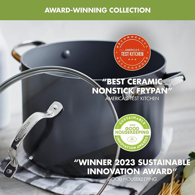 GreenPan Valencia Pro Hard Anodized Healthy Ceramic Nonstick 8QT Stock Pot with Lid, PFAS-Free, Induction, Dishwasher Safe, Oven Safe, Gray