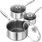 MICHELANGELO Triply Stainless Steel Pot Set, Hybrid Nonstick Saucepan Set with Lids, Induction Compatible Heavy Duty Sauce Pan 1QT & 2QT & 3QT, Honeycomb Interior, Dishwasher Safe Cookware - 6 Piece