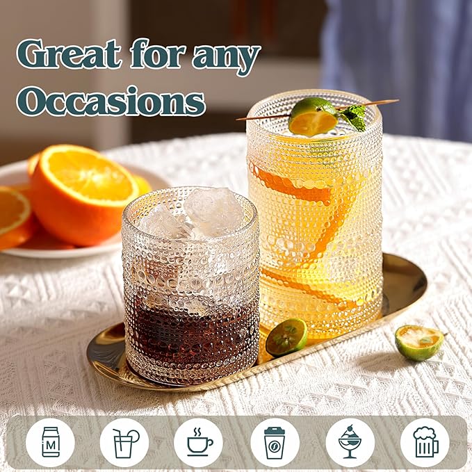 Moretoes Hobnail Drinking Glasses Set of 12, Vintage 15 Oz Highball Glasses & 10 Oz Cocktail Glasses, Clear Embossed Boho Glass Cups Kitchen Bar Tumbler Glassware Set for Whiskey, Beer, Juice, Milk