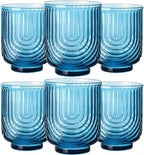 JOVGANK Blue Vintage Glassware Set of 6-14Oz Blue Water Drinking Glass, Art Deco Ripple Highball Glass, Whiskey Cocktail Glasses, for Bar Ice Coffee Juice, Housewarming Gifts and Mother's Day Gift