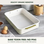GreenPan Bakeware 13” x 9” Rectangular Cake Pan, Ceramic Nonstick Baking Pan, PFAS & BPA Free, Gold Handles, Durable Steel, Freezer to Oven Dish, Scratch Resistant, Bake & Roast Ovenware, Cream