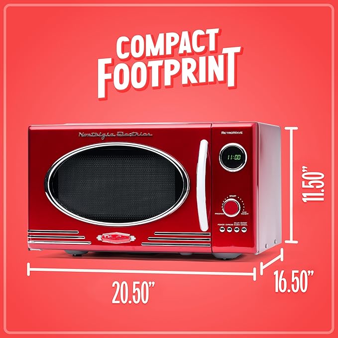 Nostalgia Retro Countertop Microwave Oven, 0.9 Cu. Ft. 800-Watts with LED Digital Display, Child Lock, Easy Clean Interior, Cu.Ft, Red