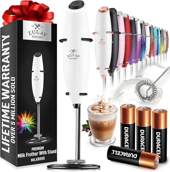 Zulay Kitchen Powerful Milk Frother Wand With 4 AA Duracell Batteries - Ultra Fast Handheld Drink Mixer - Electric Whisk Foam Maker for Coffee, Lattes, Cappuccino, Matcha & Creamer - White & Black