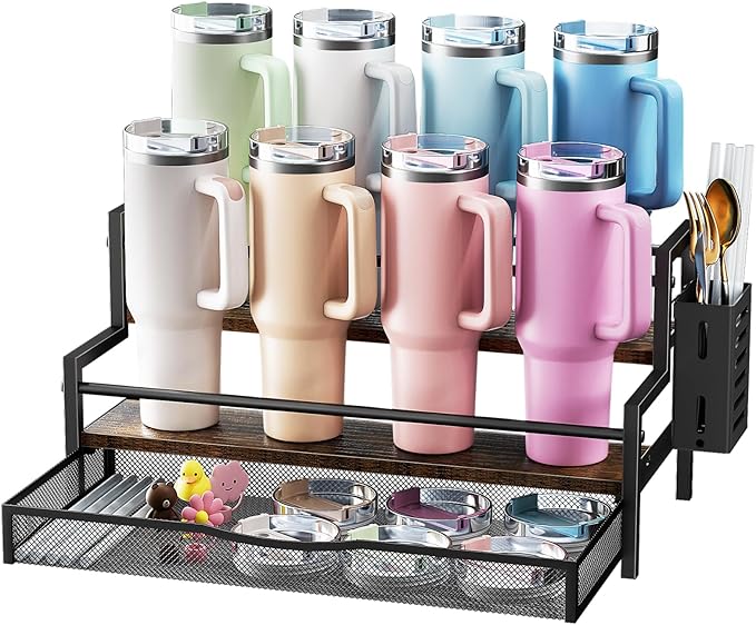 Water Bottle Organizer for Full Stanley 40 oz Tumbler with Handle, 2 Tier Tumbler Organizer for 8 Cups, Kitchen Pantry Organizers and Storage for Owala Stanley Cup Accessories, Brown