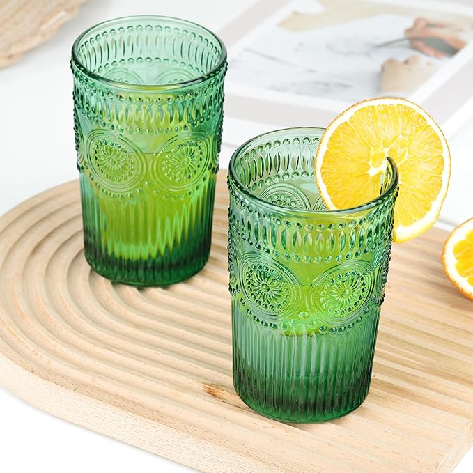 Joeyan Green Vintage Drinking Glasses,Embossed Ribbed Water Glass Cups,Colored Sunflower Patterned Highball,Beaded Tumblers Glassware Set for Beverages Juice,12 oz,Set of 4,Dishwasher Safe